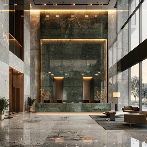 a double height contemporary luxe reception lobby with marble flooring, green stone reception desk, warm white lighting, modern lighting concept, lounge furniture setups and big windows on the entrance wall