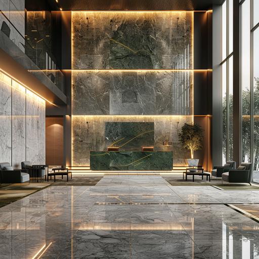 a double height contemporary luxe reception lobby with marble flooring, green stone reception desk, warm white lighting, modern lighting concept, lounge furniture setups and big windows on the entrance wall