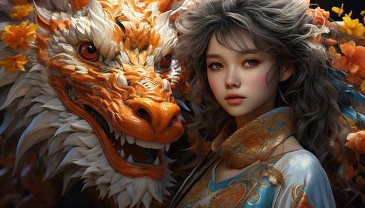 a dragon and a girl dressed in an oriental fashion, in the style of hyper-realistic animal illustrations, 8k resolution, charming anime characters, distinctive noses, colorful realism, white and amber, colorful caricature *runepunkcore* --ar 128:73 --s 499