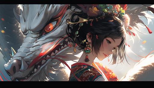 a dragon and a girl dressed in an oriental fashion, in the style of hyper-realistic animal illustrations, 8k resolution, charming anime characters, distinctive noses, colorful realism, white and amber, colorful caricature *runepunkcore* --ar 128:73 --niji 5