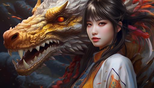 a dragon and a girl dressed in an oriental fashion, in the style of hyper-realistic animal illustrations, 8k resolution, charming anime characters, distinctive noses, colorful realism, white and amber, colorful caricature *runepunkcore* --ar 128:73