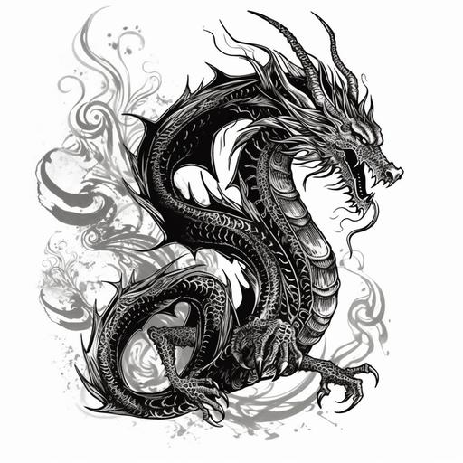 a dragon with his entire body, a fire dragon with winds and fire from his mouth. A picture for a tatoo only with black color --v 5 --q 2 --s 750