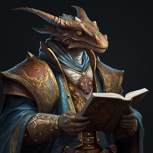 a dragonborn priest in robes, a humanoid dragon, holding a book, fantasy style, wearing glasses