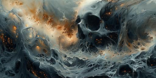 a dramatic and intense depiction of toxic acid dissolving metal, combining the brutality of this physiological process wit ha surreal and abstract visual style, emphasizing the strength of the acid in a visually impactful way, dark grays, metallic, electric blue. --ar 2:1 --s 850