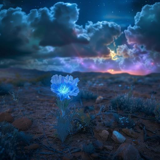 a dramatic desert scene at night with clouds, the moon and colorful stars overhead, a single delicate light blue flower with a glowing halo growing silenly in the desert, with no other vegitation around, photo realistic style, macro photography, cinematic point of view
