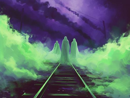 a dramatis personae poster of a purple midnight horror traintrack with green smoke with a shillouete of a white caped trio --ar 4:3 --v 6.0