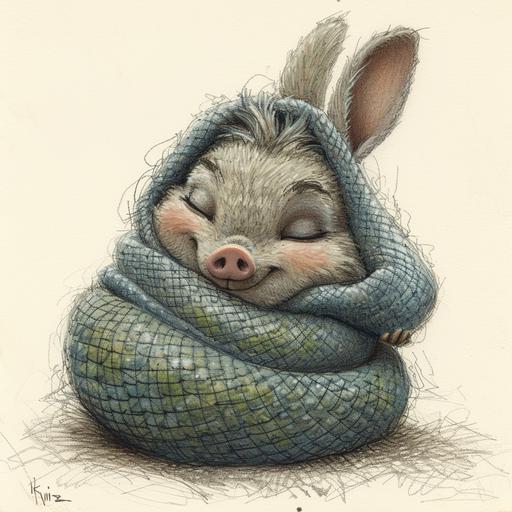 a dramatis personae young wid pig is curled up by a boa constrictor, only the hare's head looks out, dramatically ironic facial expression of the hare, sketched and colored cartoon artwork, funny mistake --v 6.0 --s 600 --c 20