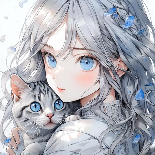 a drawing of a bllue gray haired cat with blue eyes, a manga drawing by Torii Kiyomasu, featured on pixiv, photorealism, detailed painting, anime aesthetic, official art --niji 5