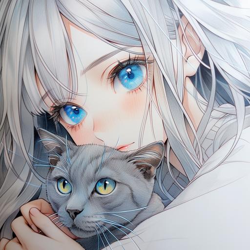 a drawing of a bllue gray haired cat with blue eyes, a manga drawing by Torii Kiyomasu, featured on pixiv, photorealism, detailed painting, anime aesthetic, official art --niji 5