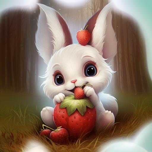 a drawing of a cartoon cute white bunny eating a chocolate covered strawberry, hdr, cute, --v 5.2 --ar 1:1