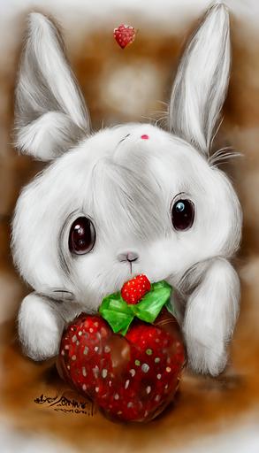 a drawing of a cartoon cute white bunny eating a chocolate covered strawberry, hdr, cute, --ar 3:5 --v 3