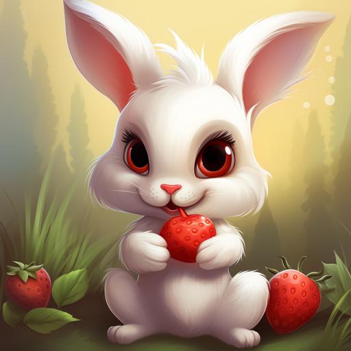 a drawing of a cartoon cute white bunny eating a chocolate covered strawberry, hdr, cute, --v 5.2 --ar 1:1