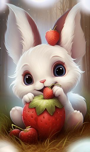 a drawing of a cartoon cute white bunny eating a chocolate covered strawberry, hdr, cute, --ar 3:5 --v 5.2
