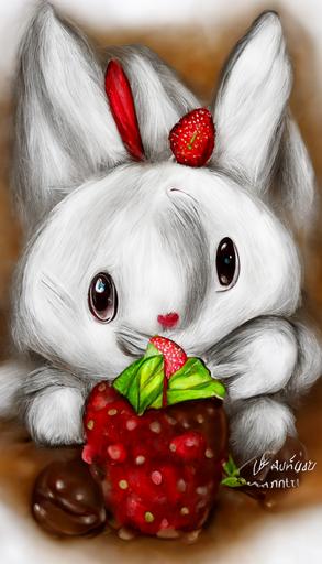 a drawing of a cartoon cute white bunny eating a chocolate covered strawberry, hdr, cute, --ar 3:5 --v 3