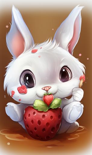 a drawing of a cartoon cute white bunny eating a chocolate covered strawberry, hdr, cute, --ar 3:5 --v 5.2