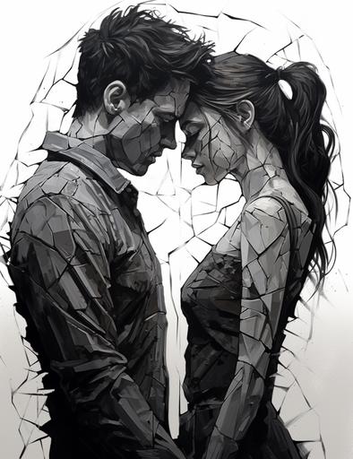 a drawing of a couple embracing each other, in the style of cracked, realistic human figures, massurrealism, gray, puzzle-like pieces, strong emotional impact, i can't believe how beautiful this is --ar 37:48