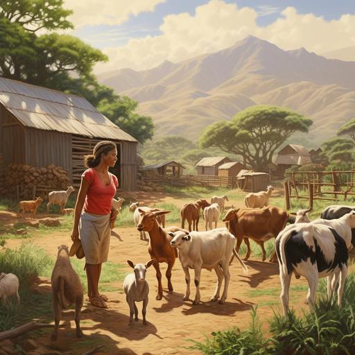 a drawing of a farm with different animals like: sheeps, goats, chickens, rabbits and a young African lady tending to those animals, very realistic, full pictures and extrmrly details please