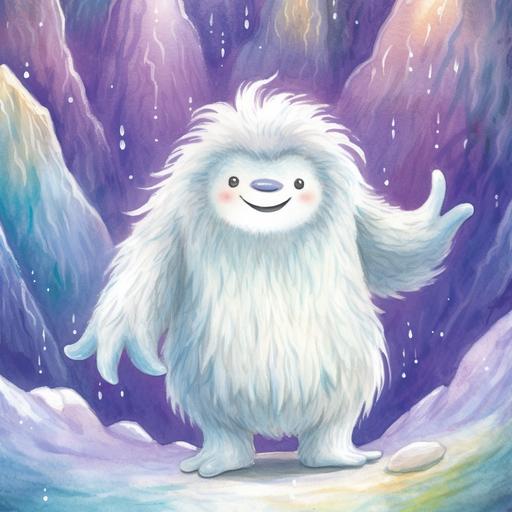 a drawing of a friendly yeti for a childrens book; he has a wide smile and wide set eyes; he is white and grey with fluffy fur and long arms; he is standing outside his cave that is purple and blue with a glowing light inside; he has two small rounded horns; in the background is a nordic forest with snow capped mountains.