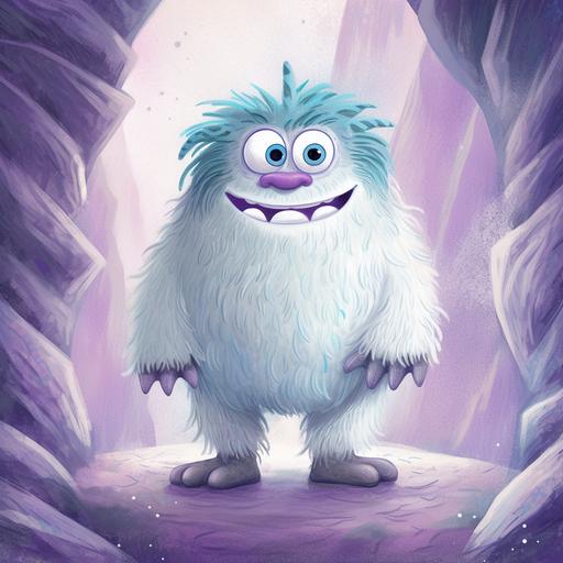 a drawing of a friendly yeti for a childrens book; he has a wide smile and wide set eyes; he is white and grey with fluffy fur and long arms; he is standing outside his cave that is purple and blue with a glowing light inside; he has two small rounded horns; in the background is a nordic forest with snow capped mountains.