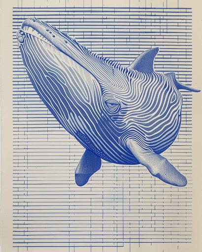 a drawing of a giant space whales in blue stippling on a white striped background, in the style of op art illusions, haroon mirza, emiliano ponzi, mesmerizing optical illusions, flowing lines, bold, cartoonish lines, louise bourgeois --ar 4:5 --v 6.0