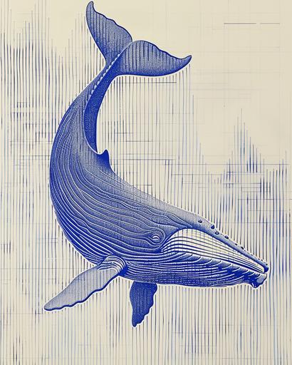 a drawing of a giant space whales in blue stippling on a white striped background, in the style of op art illusions, haroon mirza, emiliano ponzi, mesmerizing optical illusions, flowing lines, bold, cartoonish lines, louise bourgeois --ar 4:5 --v 6.0