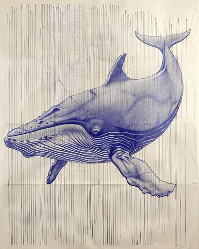 a drawing of a giant space whales in blue stippling on a white striped background, in the style of op art illusions, haroon mirza, emiliano ponzi, mesmerizing optical illusions, flowing lines, bold, cartoonish lines, louise bourgeois --ar 4:5 --v 6.0