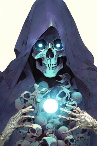 a drawing of a person with a hood over their head, lich vecna (d&d), lich, d & d lich, portrait of skeletor, vecna, undead lich, portrait of a hipster skeletor, cover art of graphic novel, portrait of a holy necromancer, peter mohrbacher and dan mumford --niji 5  --s 200 --ar 2:3