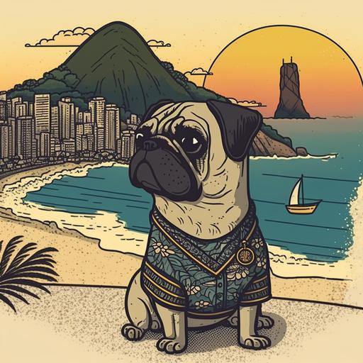 a drawing of a pug with vacation clothing vintage cartoon style with Rio de Janeiro in the background