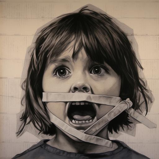 a drawing of a sad child's open mouth with a piece of tape on it. The style should be simple, with a focus on the mouth and tape. The resolution should be 300x300 pixels