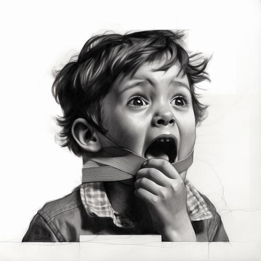a drawing of a sad child's open mouth with a piece of tape on it. The style should be simple, with a focus on the mouth and tape. The resolution should be 300x300 pixels