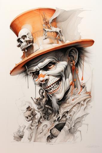 a drawing of a skeleton in a hat, in the style of luis royo, clownpunk, highly detailed realism, arthur sarnoff, carving, emotionally charged portraits, carnivalcore --style bISolS2UNG --ar 2:3 --v 5.2