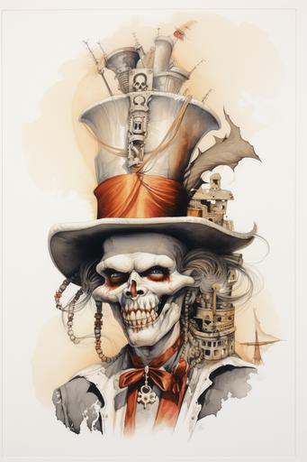 a drawing of a skeleton in a hat, in the style of luis royo, clownpunk, highly detailed realism, arthur sarnoff, carving, emotionally charged portraits, carnivalcore --style bISolS2UNG --ar 2:3 --v 5.2