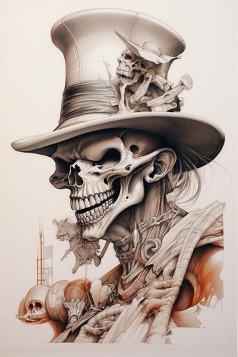 a drawing of a skeleton in a hat, in the style of luis royo, clownpunk, highly detailed realism, arthur sarnoff, carving, emotionally charged portraits, carnivalcore --style bISolS2UNG --ar 2:3 --v 5.2