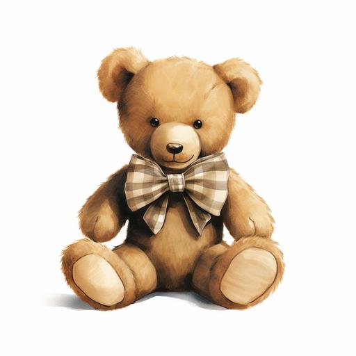 a drawing of a vintage style teddy bear sitting, the teddy bear has a gingham bow