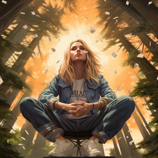 a drawing of a young blond girl with cut off jean shorts, a jacket, high top sneakers sitting cross legged in the middle of a forest with large redwood trees with ideas exploding upward out of the top of head --v 5.2