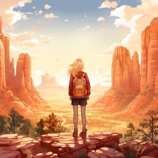 a drawing of a young blond girl with cut off jean shorts, a jacket, high top sneakers she sought solace in the next best place she could think of--the Desert. With her best friend by her side, she nestled in the embrace of the vast, quiet expanse, surrounded by towering red rocks standing as ancient sentinels. Gathering around a crackling fire Elodie with A cup filled with the elixir of a sacred root passed between them, connecting their essences to the earth's heartbeat. As she sipped the liquid of ancient wisdom, a subtle shift occurred, --v 5.2