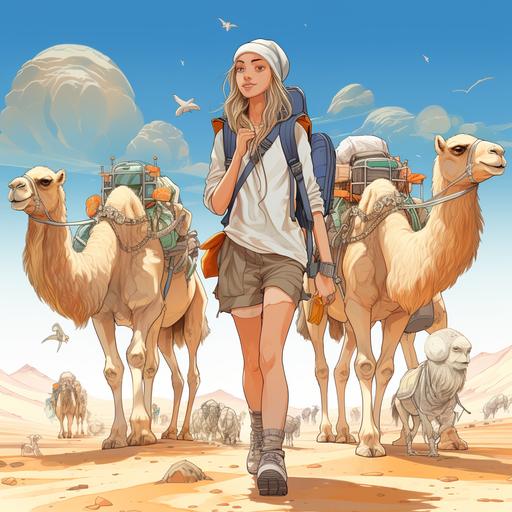 a drawing of a young blond hair girl with cut off shorts, a jacket, high top sneakers, and an backwards baseball hat While journeying on the backs of camels through the Indian deserts she encountered a wise Japanese Shinto priest. Over the course of a week, amidst the shared warmth of many chai teas, the priest imparted valuable lessons. They delved into the sacred bond between humanity and Mother Nature.. Through his teachings, she learned to His teachings guided her to cradle nature close to her heart, fostering a deep respect and appreciation for the world. The priest's wisdom illuminated the potent strength one could harness by immersing oneself in the natural embrace of the Earth. --v 5.2