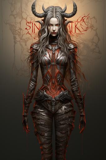 a drawing of an elf with horns and horns, female fantasy armor, armored swimsuite, in the style of zombiecore, full body, stylized realism, angura kei, dark silver and dark crimson, action painter, womancore, asymmetry --ar 2:3 --v 5.2 --s 750