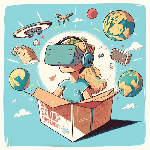 a drawing of an open box on the bottom with the head of a girl coming out of it. The girl has virtual reality glasses and is looking up to the sky and in the direction of her glaze we can see the planet earth with exercise icons look footballs, raquets, tennis balls, bikes hovering around the planet