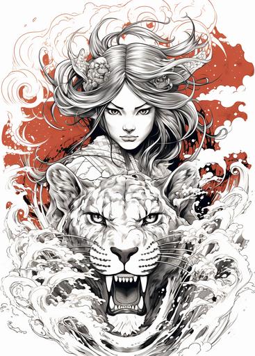 a drawing of an oriental art image drawn with a lion and two animals, in the style of chris bachalo, simplified line work, multi-layered compositions, unique yokai illustrations, detailed character design, hanging scroll, twisted characters --ar 23:32