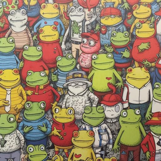 a drawing of many frogs wearing different outfits cartoon where's wally style