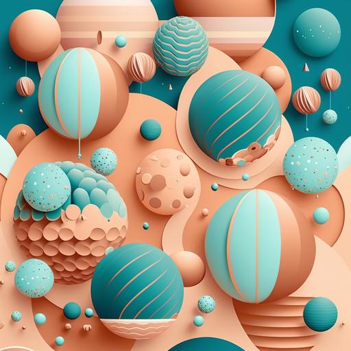 a drawing of planets pattern , background should be in rose gold and light aqua , in futuristic,animated