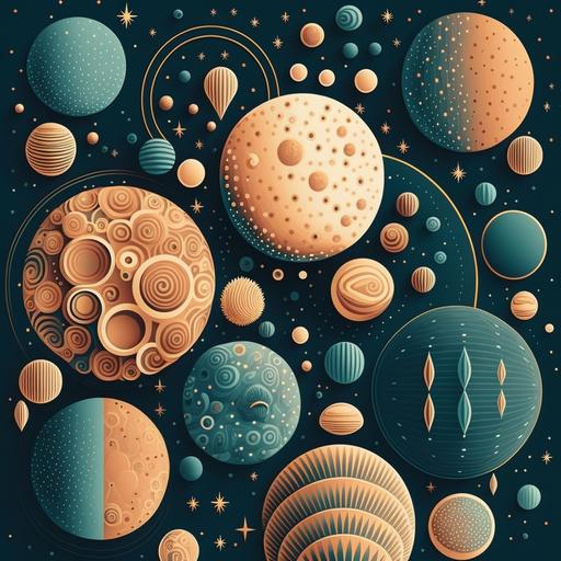 a drawing of planets pattern , background should be in rose gold and light aqua , in futuristic,animated
