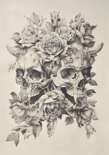 a drawing of three demon skull head and flower tattoo, in the style of japonism influenced pieces, light gray and white, fang lijun, masks and totems, realistic portrayal of light and shadow, slawomir maniak, contrasting balance --ar 45:64