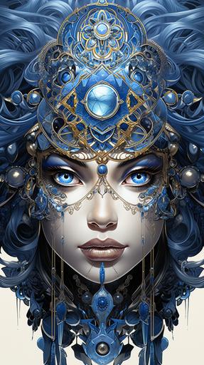 a dream-yakshagana female princess warrior character, black hair with azurite blue colored eyes, stylized illustration, art-nouveau, white gold blue black, watercolored pencil, hyper detail --chaos 15 --ar 9:16 --stylize 222 --v 5.2