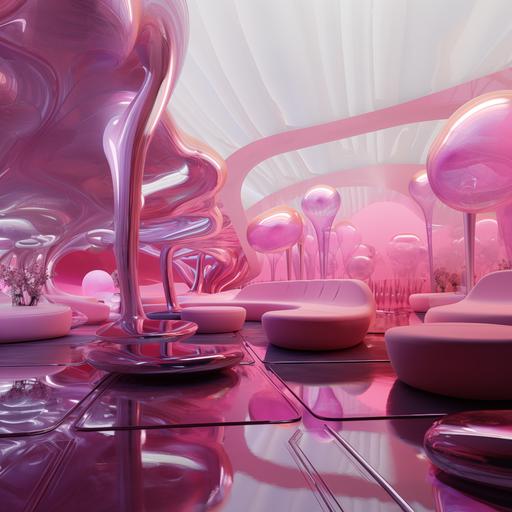 a dreamy bar, melting liquidy coach, flower balloons, neon lights, pink ceiling dripping pink liquid, futuristic