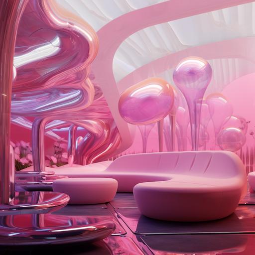 a dreamy bar, melting liquidy coach, flower balloons, neon lights, pink ceiling dripping pink liquid, futuristic