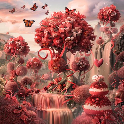 a dreamy fairyland made of red ribbon and different red color tones, include trees that have red and peach ribbons fluffy cotton candy leaves, pink waterfalls falling into a landscape of larger than life flowers made of tied red ribbons into hearts, birds that look like high-heeled red shoes and white ribbons, butterflies with ladybug printed wings, precise details, intricately detailed fantastical, whimsical, swirly air effects, virbrant 3D HDR theme, sharp focus, ultra quality, perfectly composed masterpiece