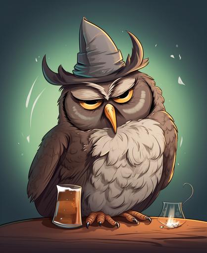 a drunk wise owl cartoon, children's illustration style. --ar 9:11 --upbeta --v 5