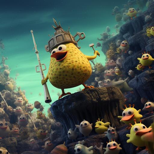 a duck leading an army of spongebobs on Jupiter
